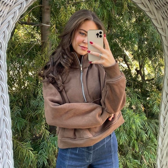 Free People Tops - Brown quarter zip oversized sweatshirt size m / not sure the brand